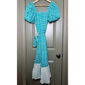 NWT Ro's Garden Helsinki Puff-Sleeve Belted Cotton Maxi Dress Blue Garcon XS